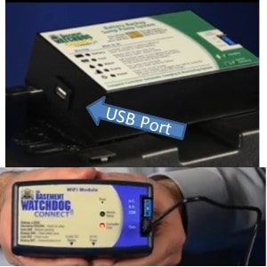 Pictured is the Basement Watchdog CITS-50 USBport on the backup system controller. It also shows the BW-WiFi Model hkked up.